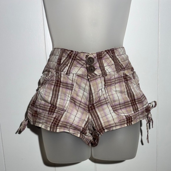 Otb Pants - Y2K VTG Mcbling Plaid Low Rise Ruched Side Tie Shorts Brown Purple Size 5/6 Indi